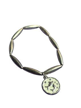 Pisces Zodiac Charm Bracelet Silvertone Cream Enamel Beaded Stretchy